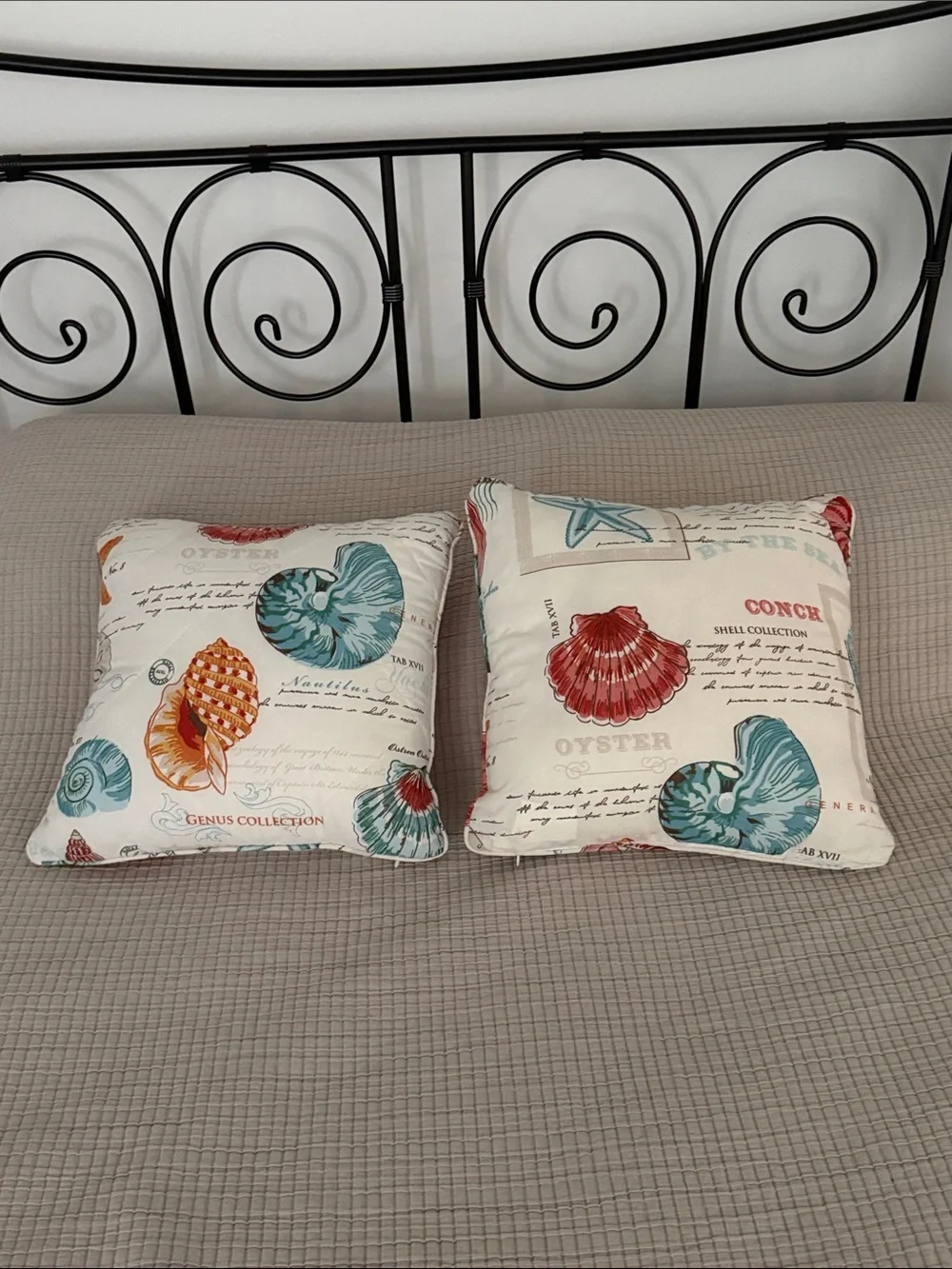 Coastal Shell Print Decorative Throw Pillows (2) Cream with Teal & Coral Accents